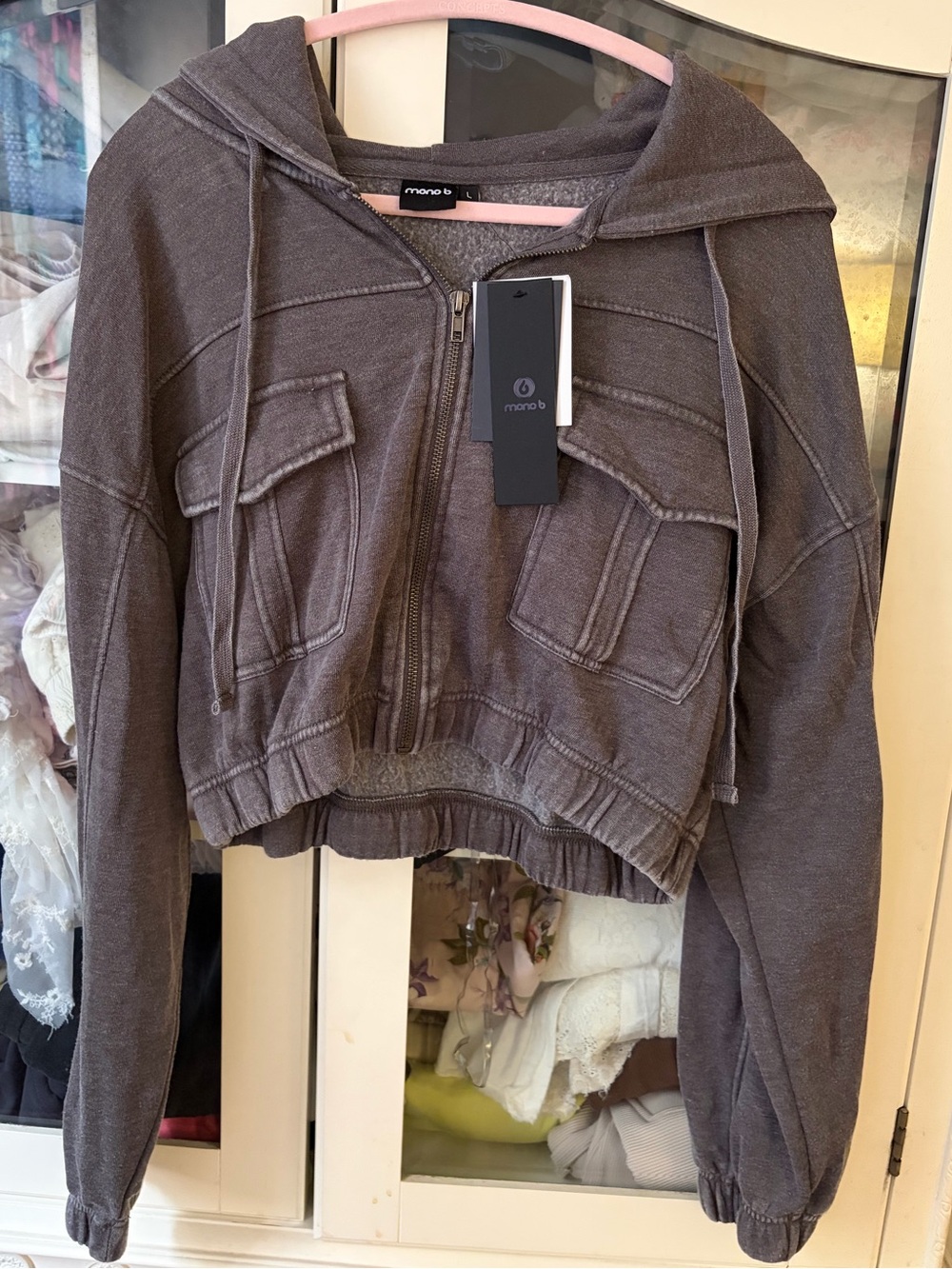 🩶MONO B Washed Charcoal Cropped Utility Hoodie Jacket Size L NWT